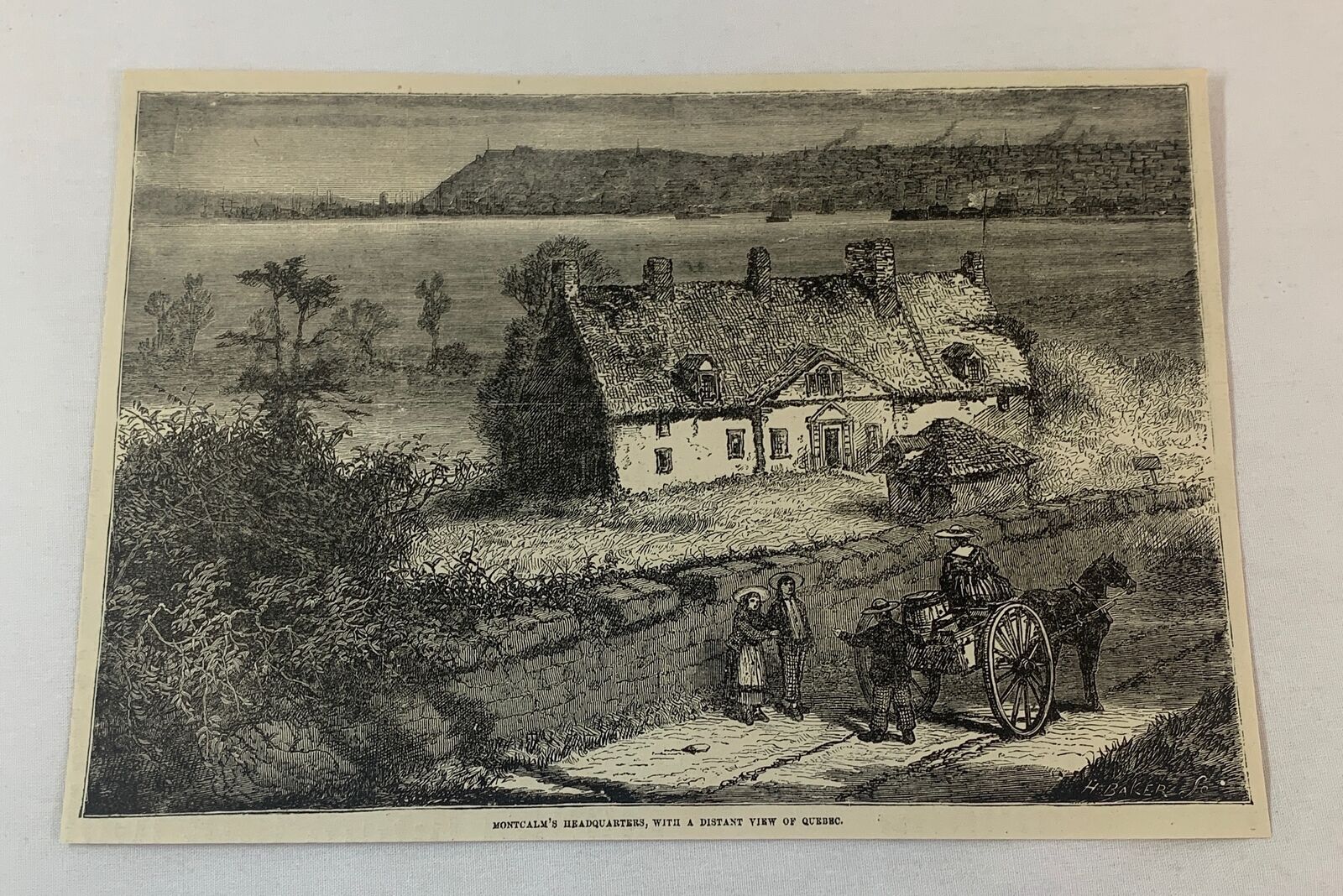1876 magazine engraving~MONTCALM'S HEADQUARTERS with distant view of Quebec