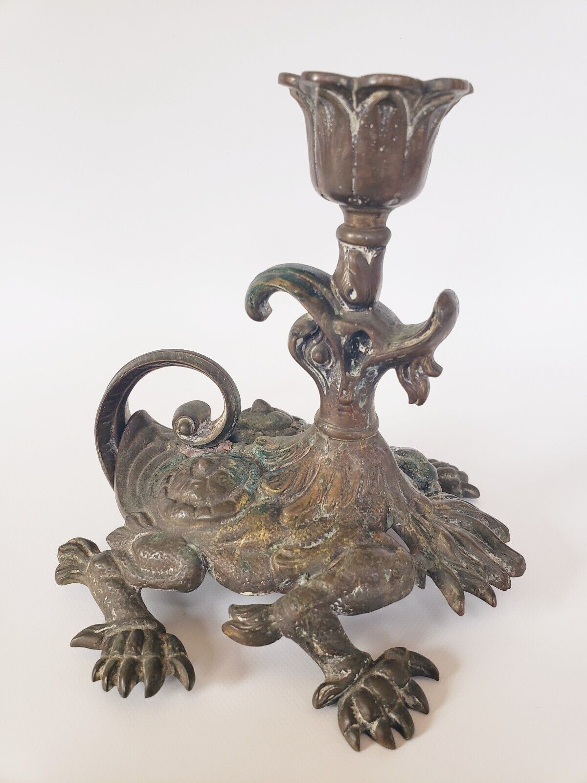 Early Orig Solid Bronze Signed Geschutzt Griffin Dragon Chamberstick Candlestick