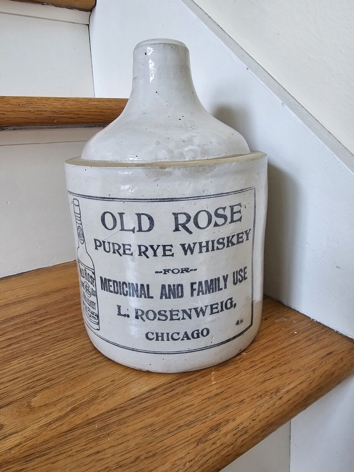 Old Rose Advertising Stoneware Crock Jug Pre Pro Chicago Saloon Whiskey Liquor 