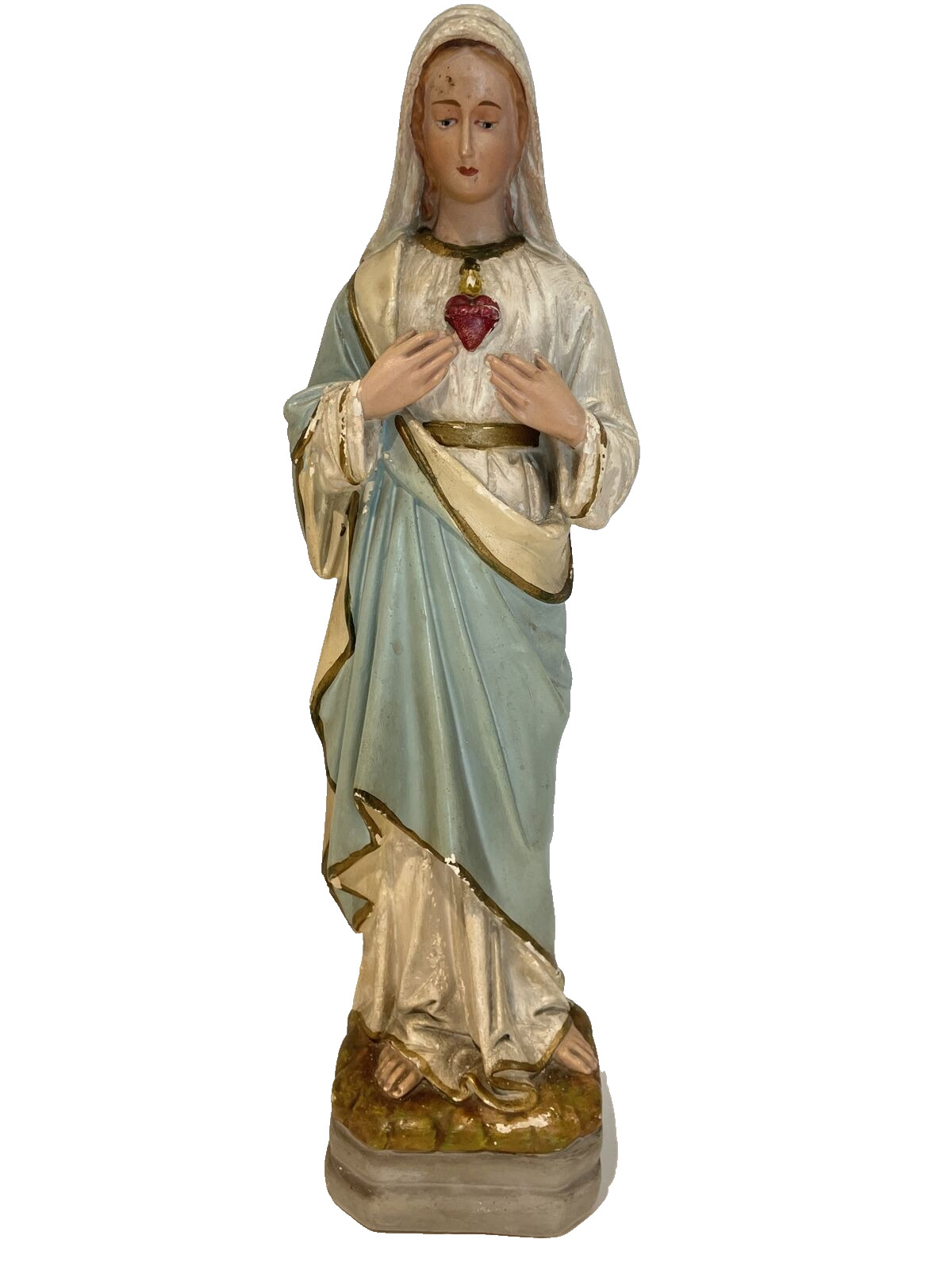 ANTIQUE PLASTER CATHOLIC STATUE - VIRGIN MARY FLAMING SACRED HEART -  18\