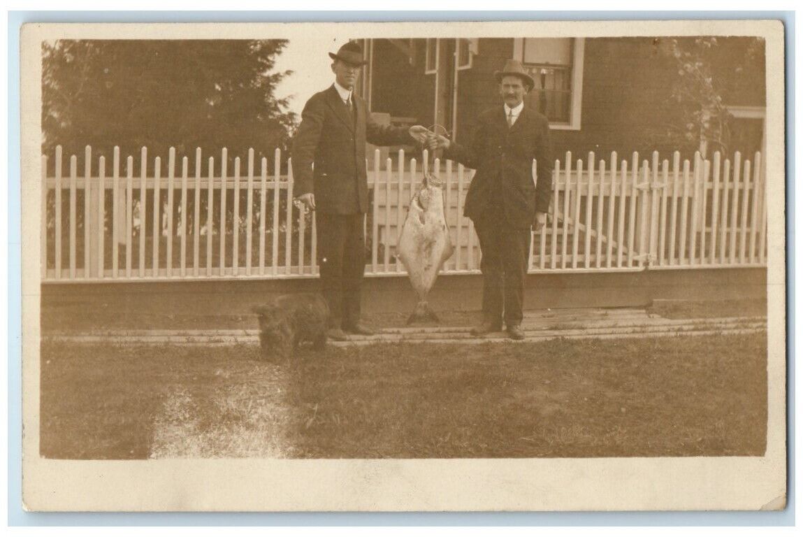 c1910's Two Men Giant Flounder Fish Terrier Dog RPPC Unposted Photo Postcard