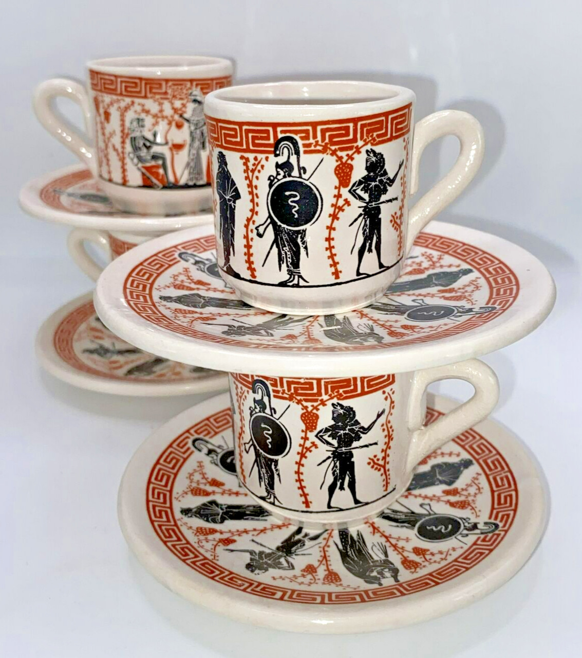 Vtg Greek Mythology Demitasse Cup & Saucer Set Of 4 Made in Greece