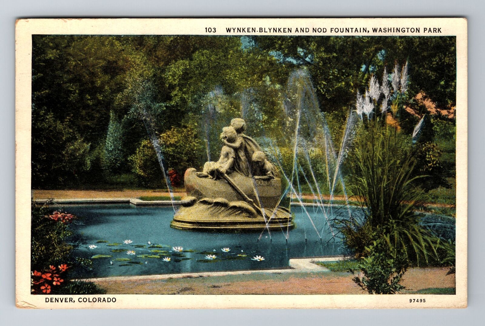 Denver CO-Colorado, Wynken Blynken And Nod Fountain, Vintage c1934 Postcard