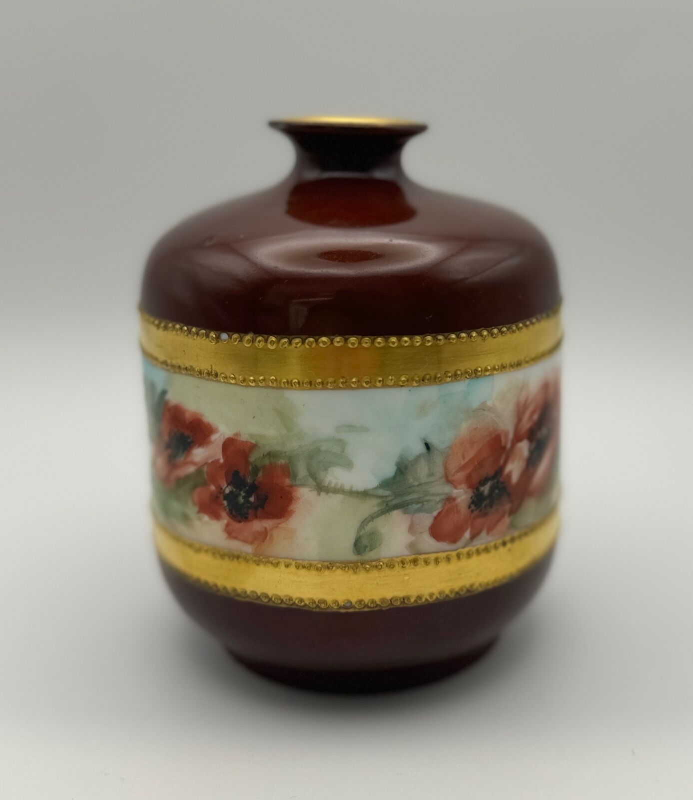 Rare Antique Rosenthal Selb Bavaria Vase, c. 1901, Crimson, Floral, Gold