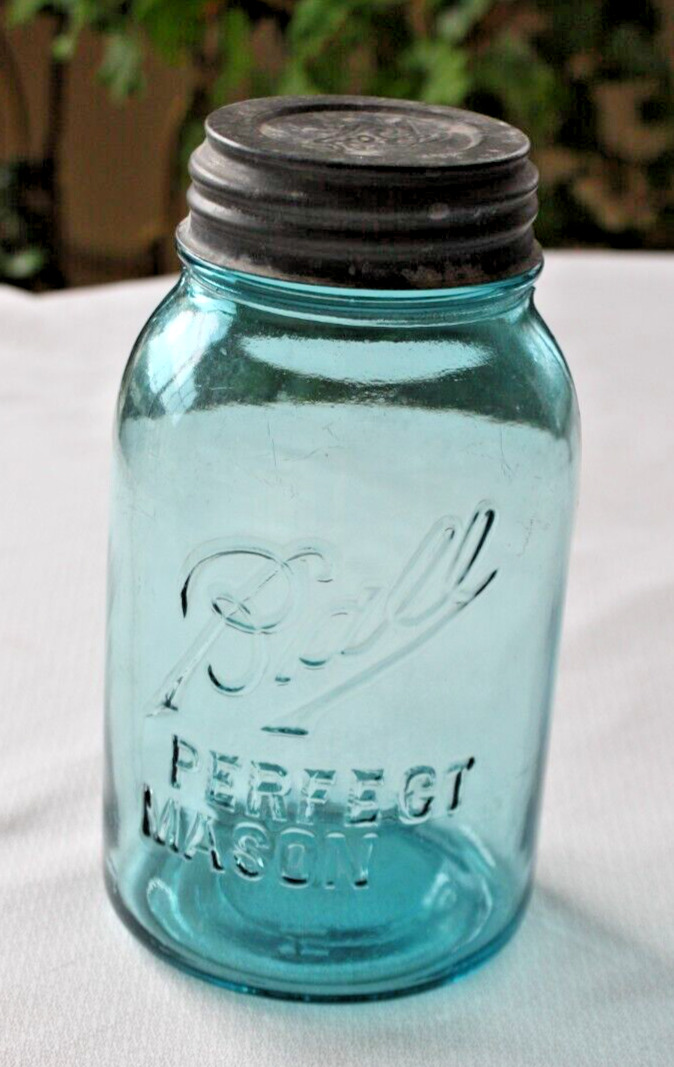 1910-15 Ball Perfect Mason Jar Ball Zinc Lid #1 Quart Light Blue Vintage Antique