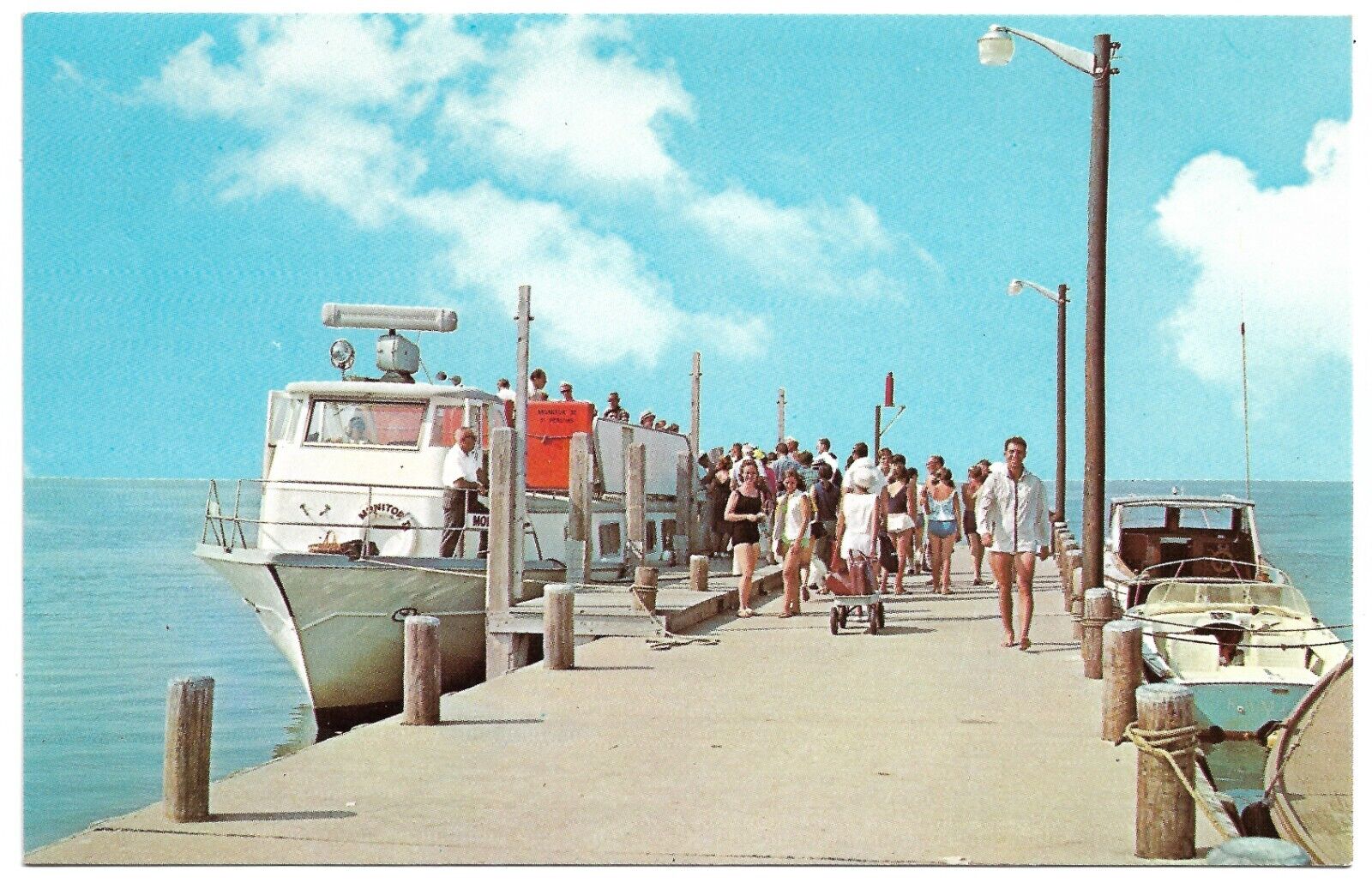 Cherry Grove Fire Island NY Dock Ferry Boat Boarding People Vintage Postcard
