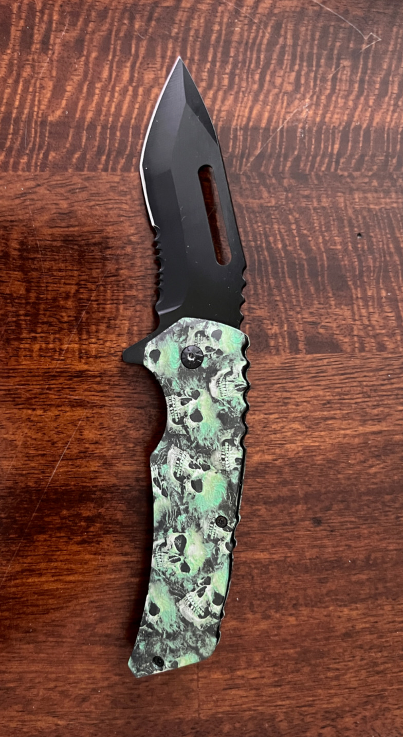 Skull Green Extreme Outdoor Camo Tactic Rescue 8 Inch Pocket Knife Blade NEW