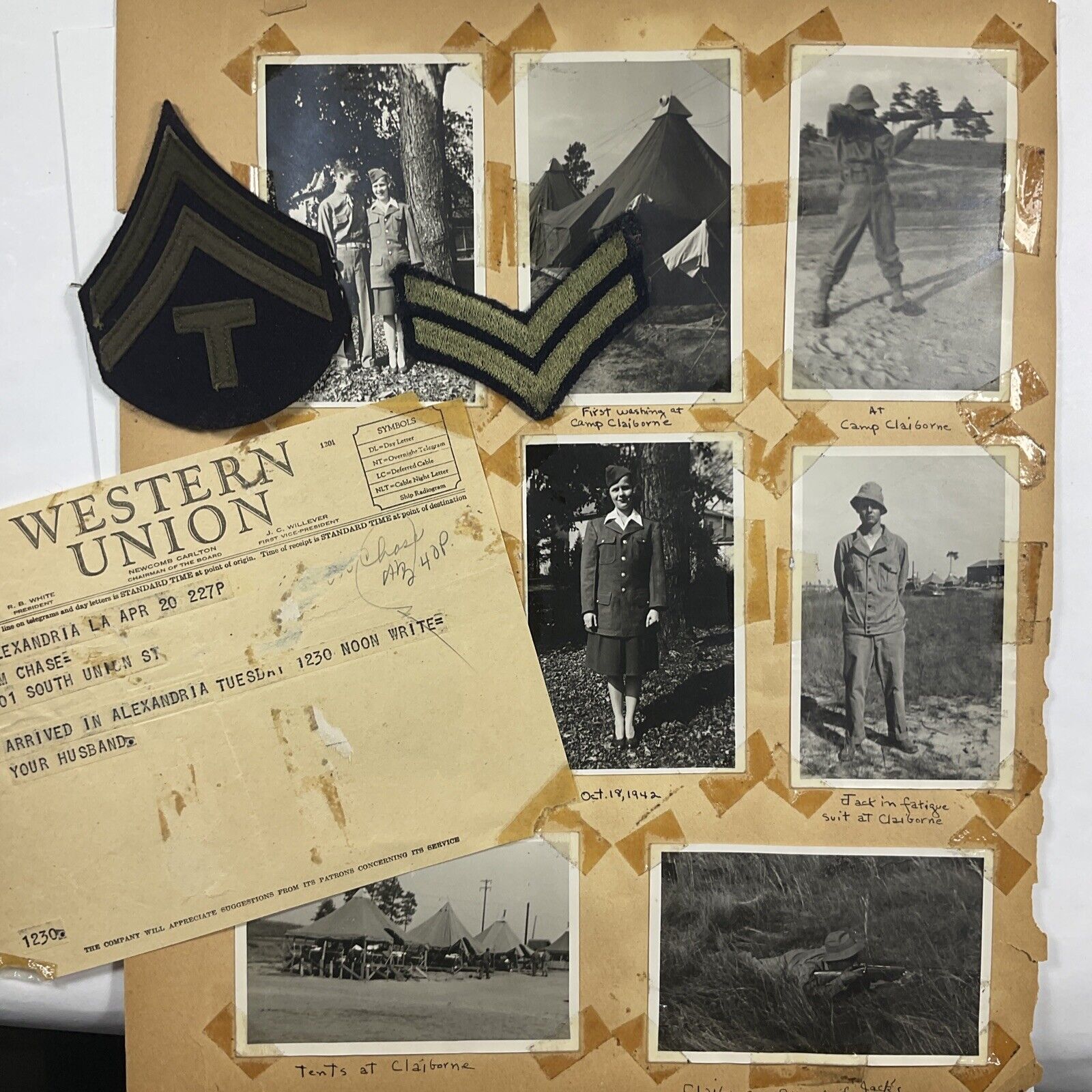 WWII 1943 Camp Claiborne, Louisiana Soldier Photos, Stripes, & Telegram