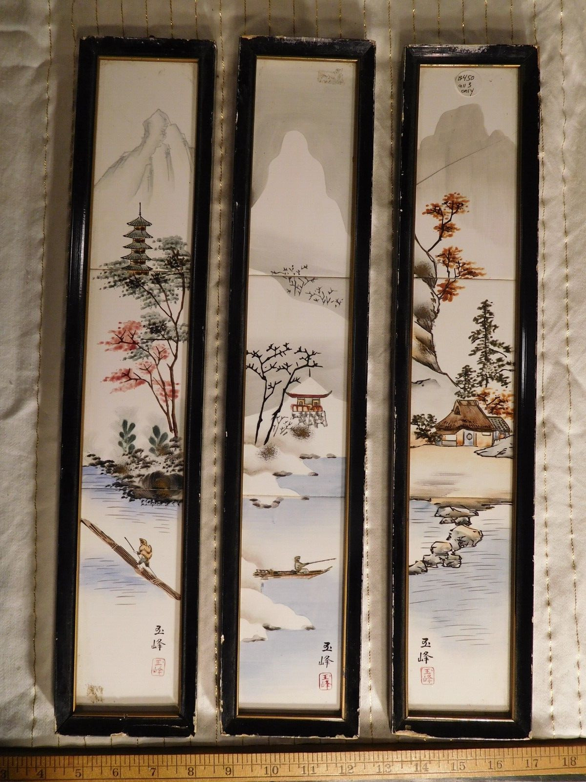 Vintage Japanese Landscape Triptych each on 3 Ceramic Tiles w/ Artist's StampSig