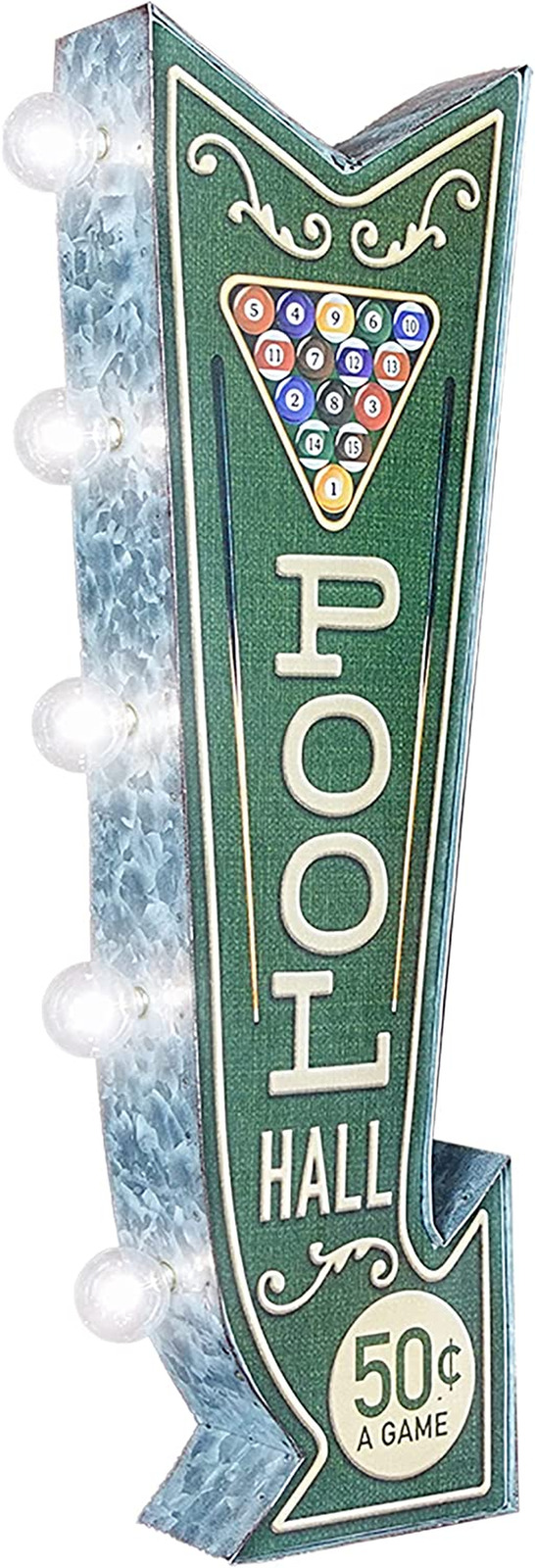 Pool Hall Billiards Double-Sided Marquee Sign with Vintage Print and LED Bulbs R