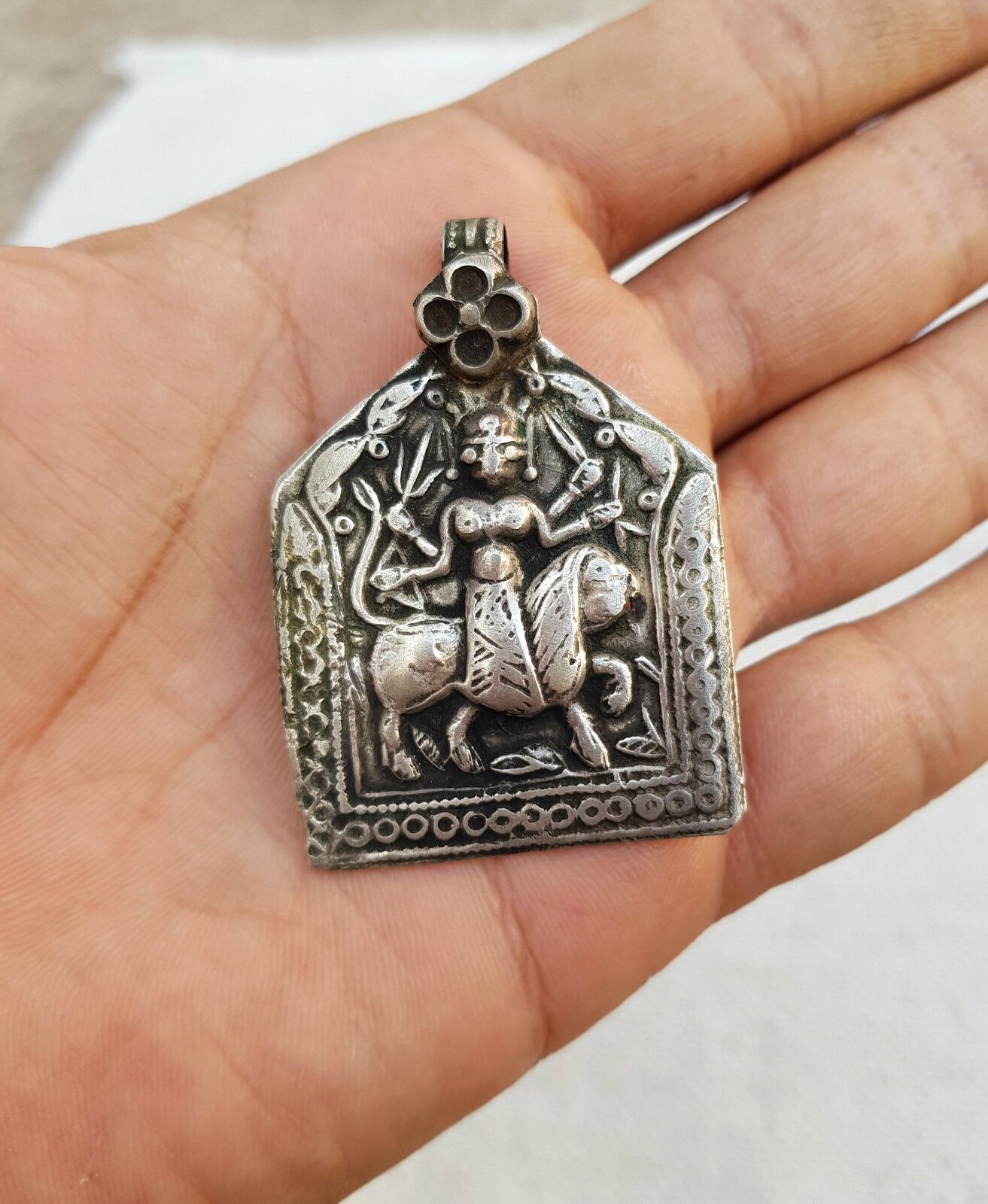 1920 Vintage Silver Amulet Pendant Tribal Hindu Goddess Duga On Lion Collectible