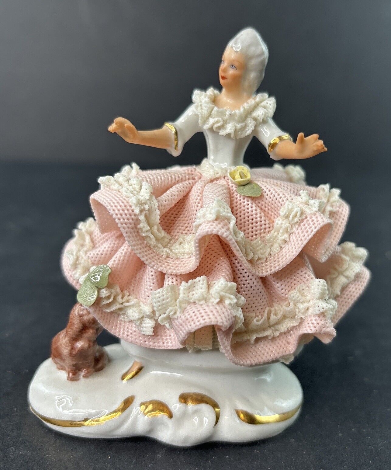 Dresden Germany Porcelain Lace Lady Standing with Dog CROWN N Antique 4\