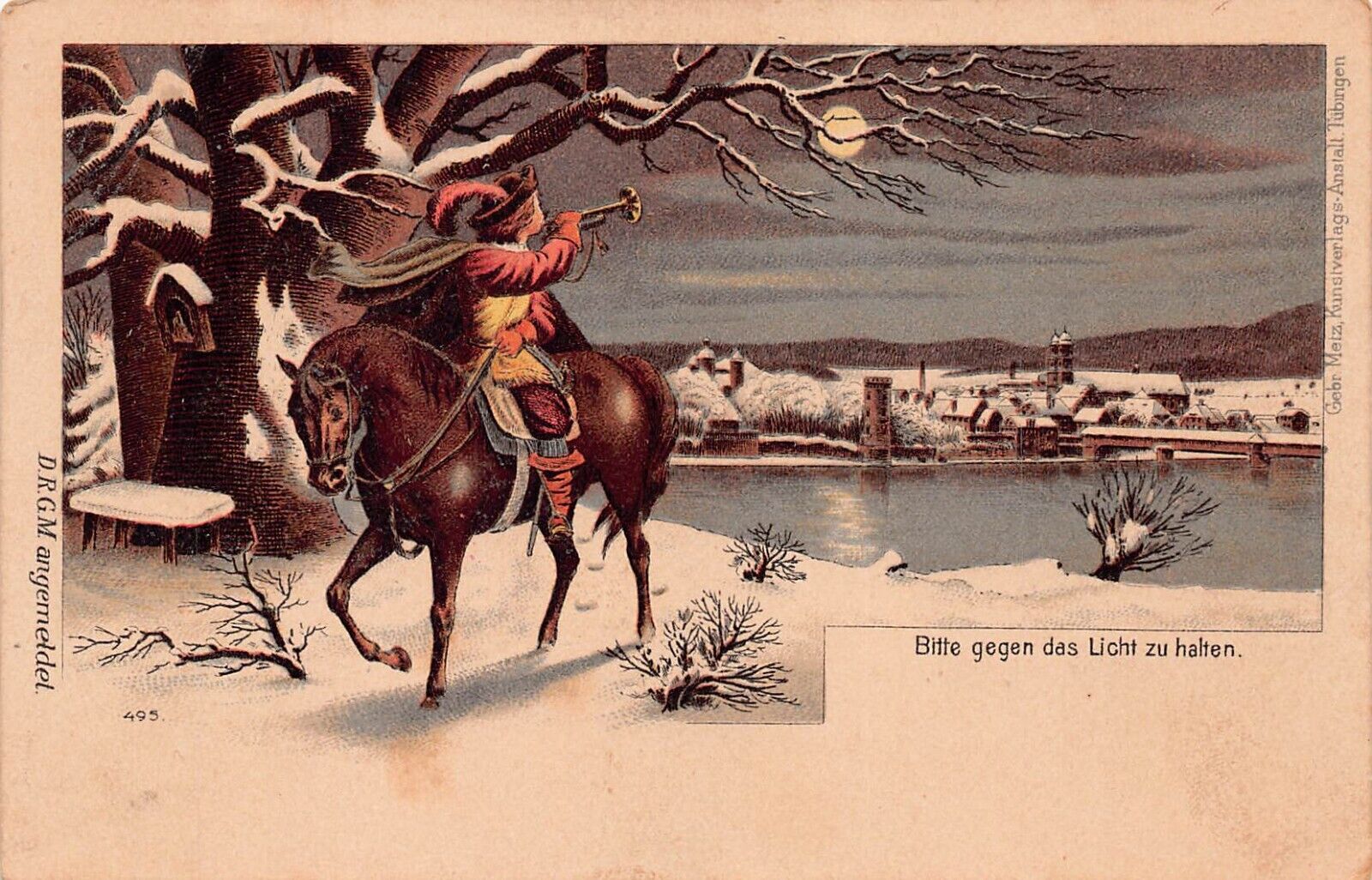 Hold to Light HTL Moonlight Christmas Winter Knight on Horse Vtg Postcard B51