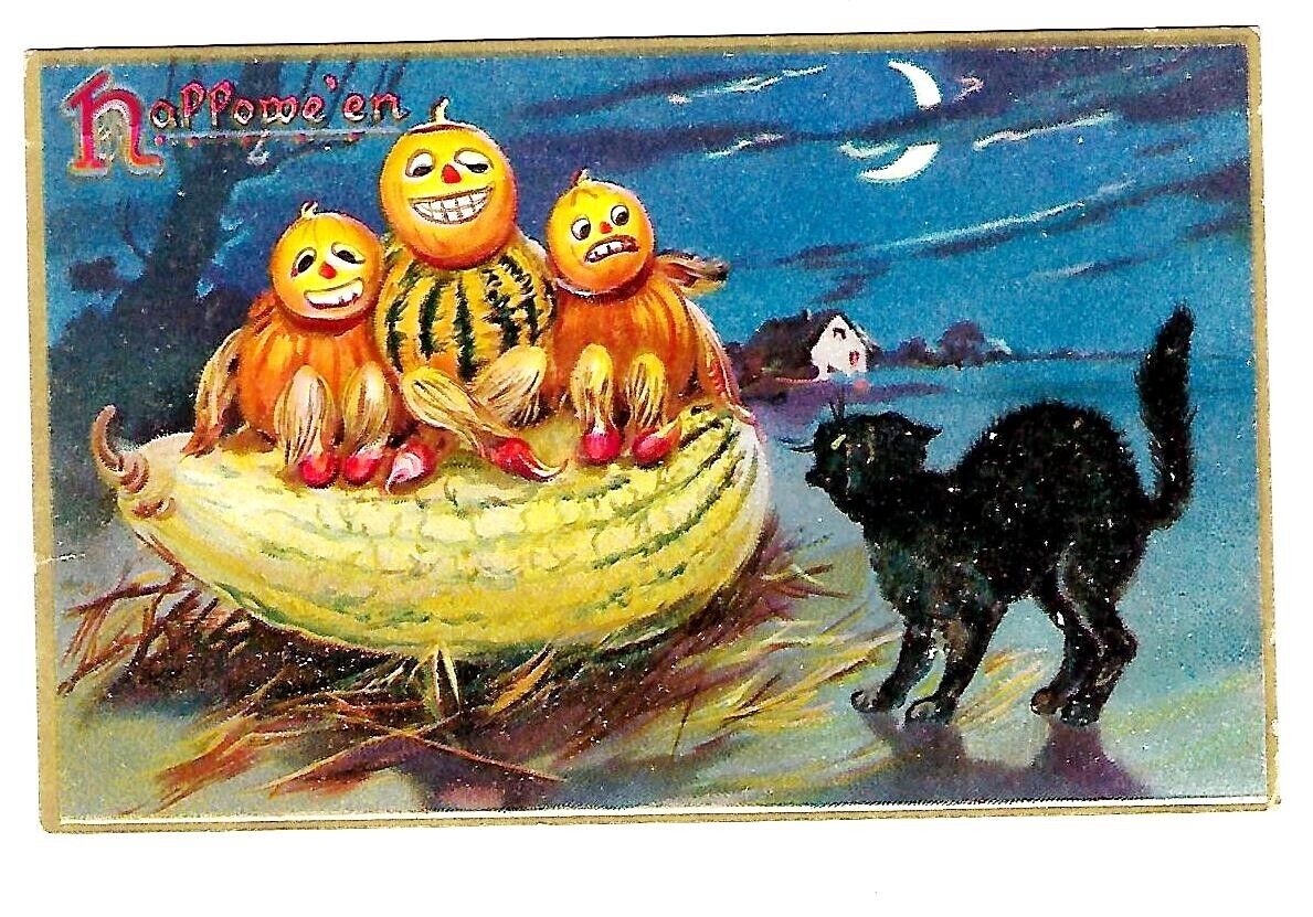 1908 Tucks #150 Halloween Postcard Pumpkin Kids Scared of Black Cat