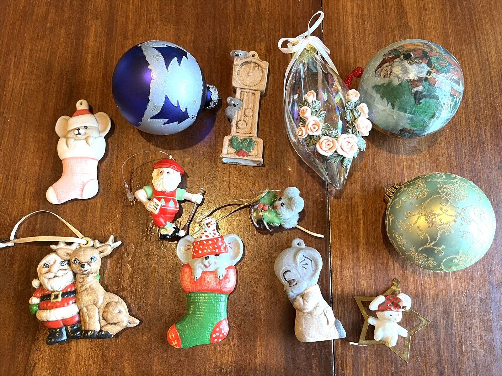 Lot of Vintage Christmas Ornaments 12 Mice, Santa, Reindeer, Golf Santa