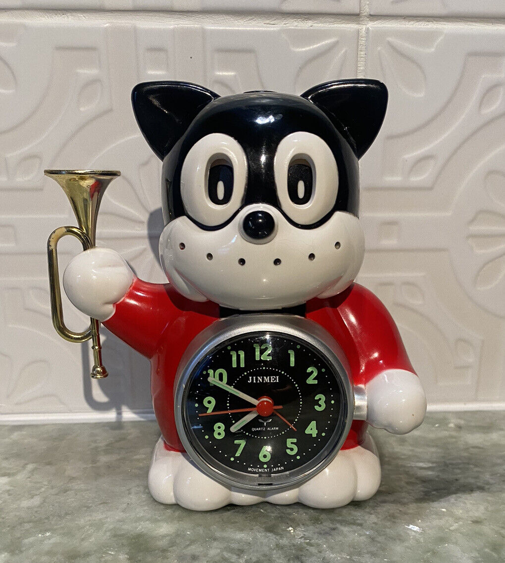 JINMEI Cat Alarm Clock W/ Bugle CARTOON Red Black White *RARE* Alarm SOUNDS