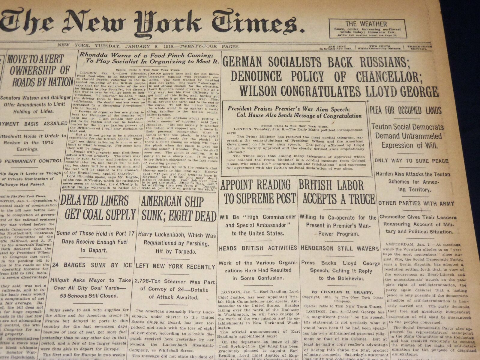 1918 JANUARY 8 NEW YORK TIMES - GERMAN SOCIALISTS BACK RUSSIANS - NT 7917