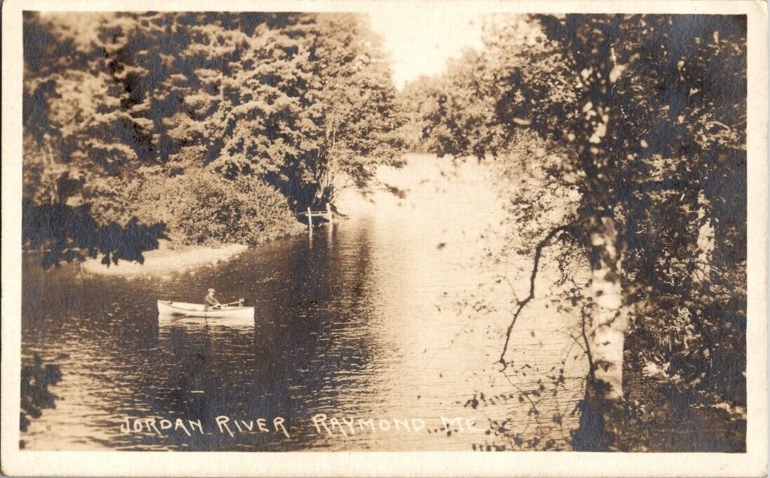 1920 Jordan River Raymond Maine ME Postcard Man in Boat RPPC Real Photo