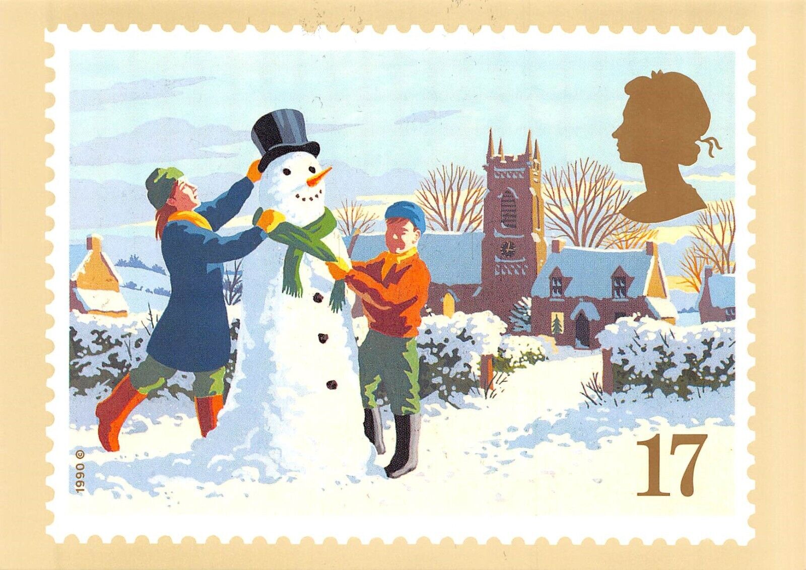 BUILDING A SNOWMAN Christmas 1990 Stamp by John Gorham Royal Mail POSTCARD 6514c