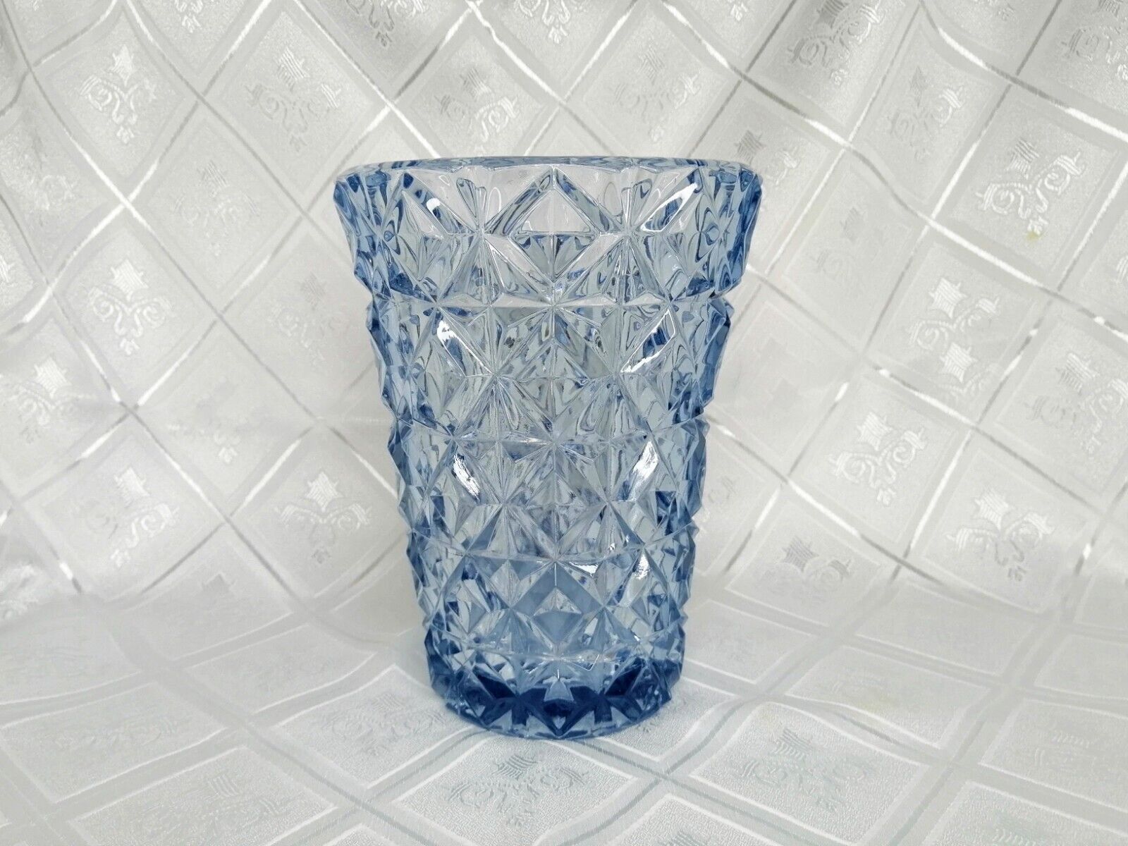 Vintage Blue Glass Vase Embossed Heavy