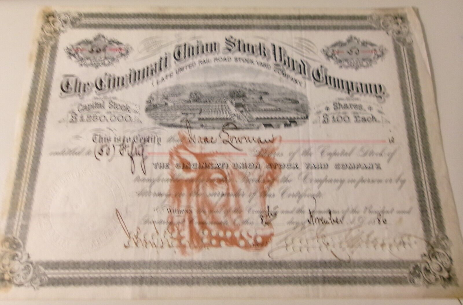 1886 CINCINNATI UNION STOCK YARD STOCK CERTIFICATE ORIGINAL SCRAPBOOKING CRAFTS