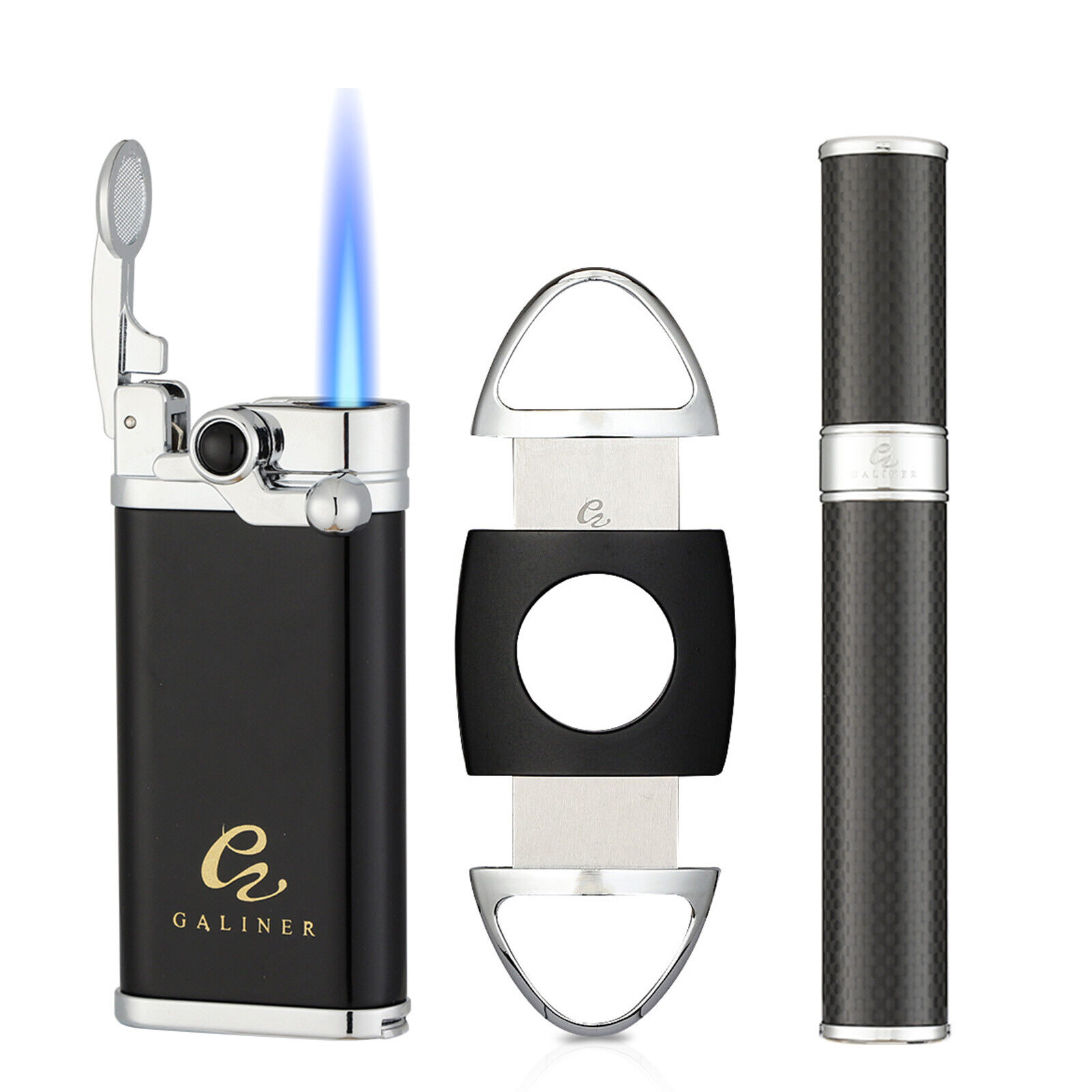 Galiner Single Jet Flame Metal Cigar Lighter and Cutter Cigar Tube Humidor Case