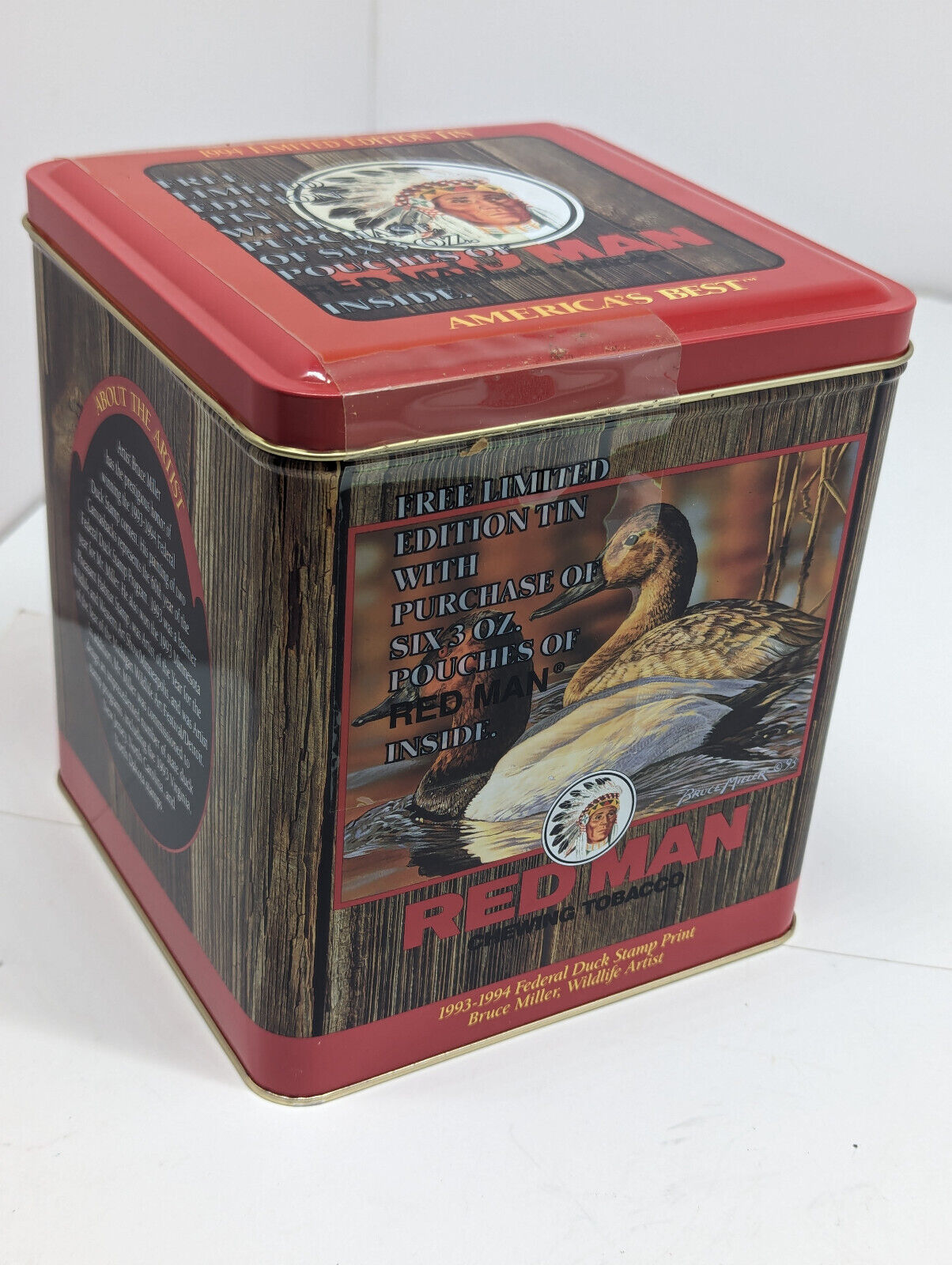 EMPTY VINTAGE Red Man Limited Edition 1994 RED Tobacco Tin Can RARE Duck Stamp