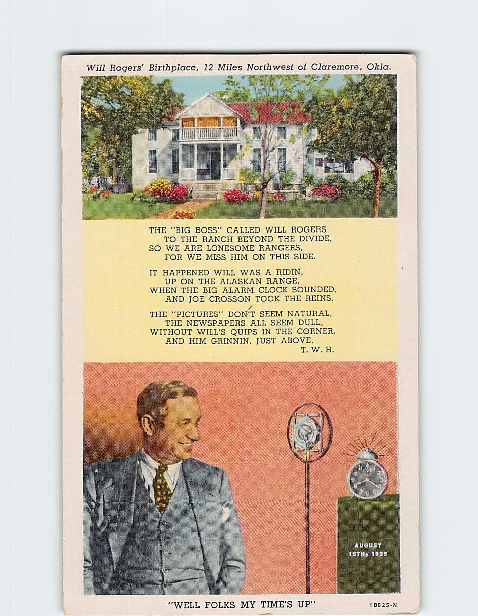 Postcard Will Rogers\' Birthplace 12 Miles Northwest of Claremore Oklahoma USA