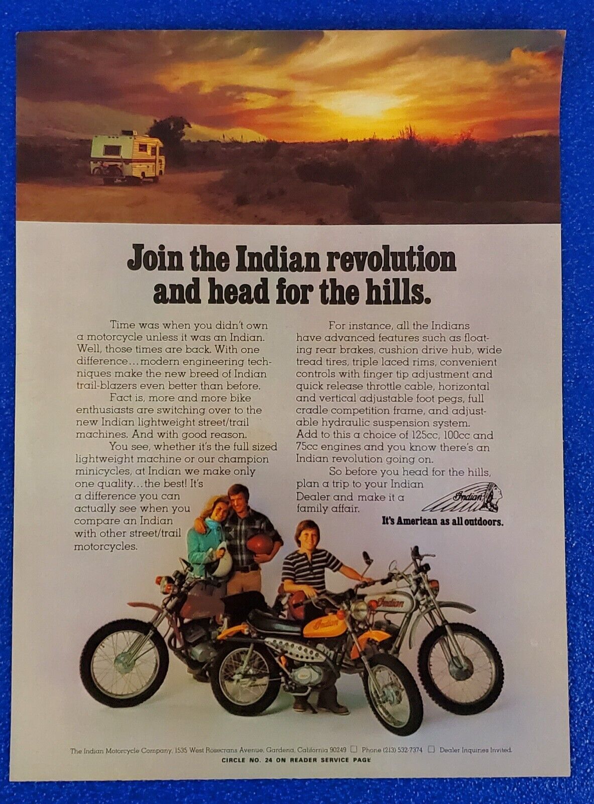 1974 INDIAN STREET / TRAIL MOTORCYCLES FOR THE WHOLE FAMILY ORIGINAL PRINT AD
