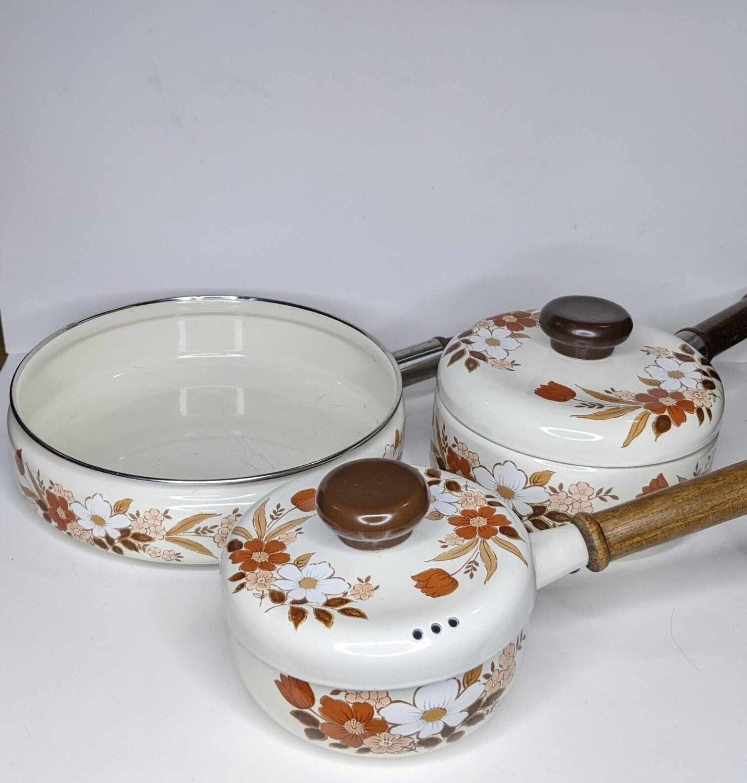 Vintage Kingsbury Cookware Dogwood Pot & Pan Set Of 3 70's Retro Japan Made