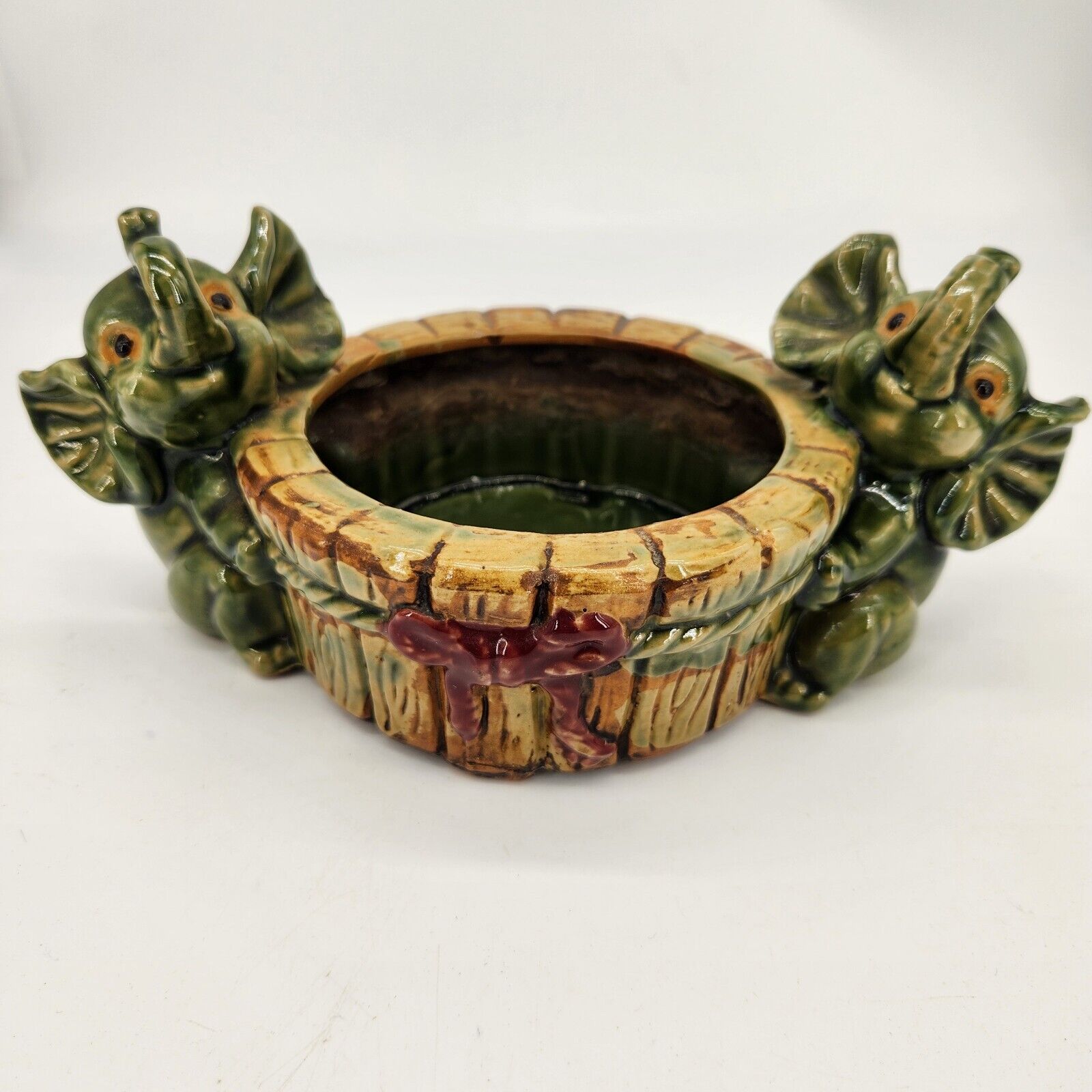 Vintage Ceramic Hand Painted Boho Asian Lucky Elephants Green Ceramic Planter