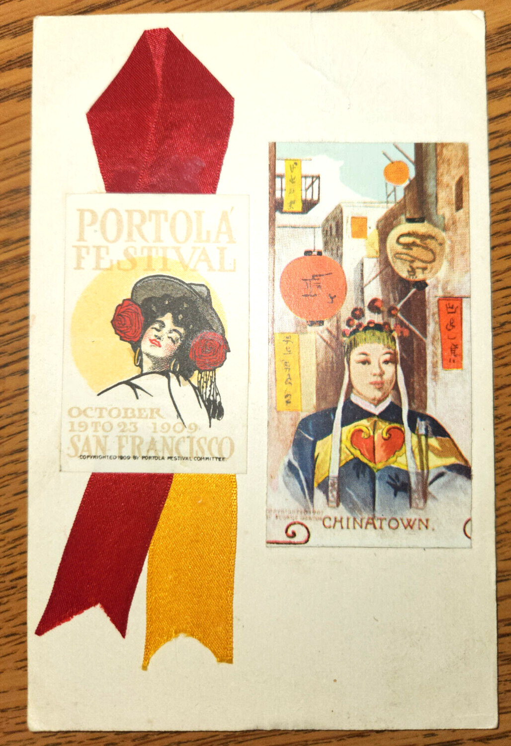 Portola Festival Postcard Chinatown Picture And Ribbon Attached San Francisco CA