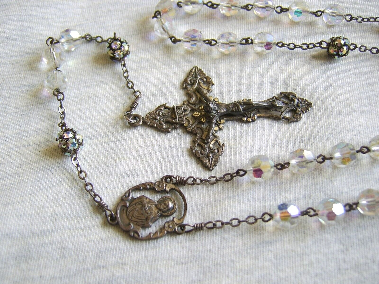 Antique 1890\'s Rosary AB Beads Regina Antaya Sterling 24\