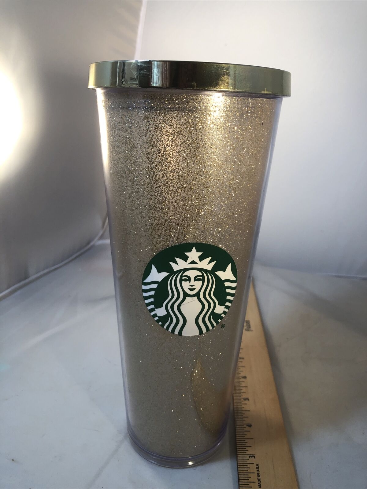 2014 Starbucks Gold Glitter 24 oz Cold Coffee Venti Cup Travel Tumbler     629