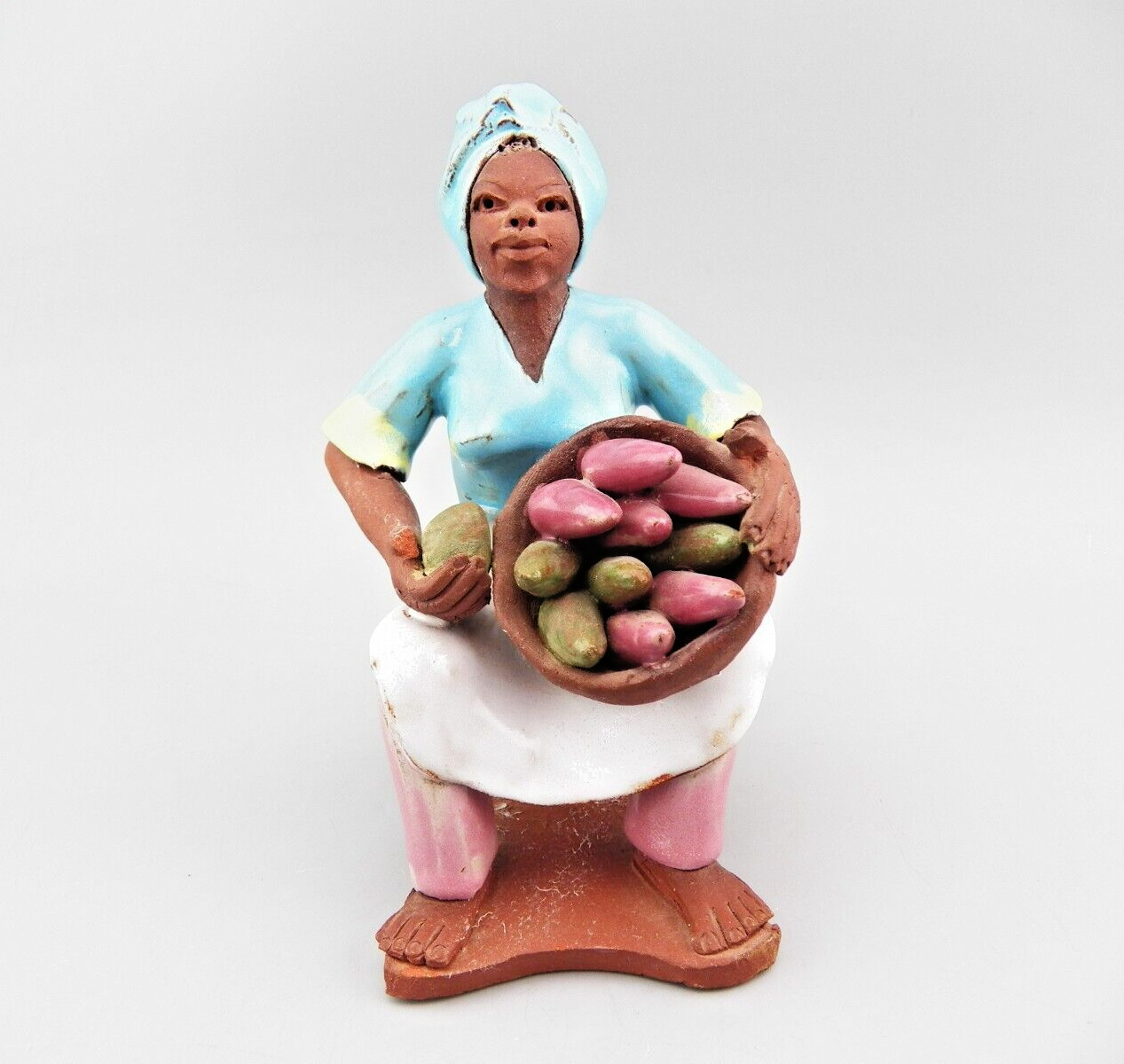Vintage THINGS JAMAICAN Red Clay Seated Woman Figurine with Basket 1983 Pottery