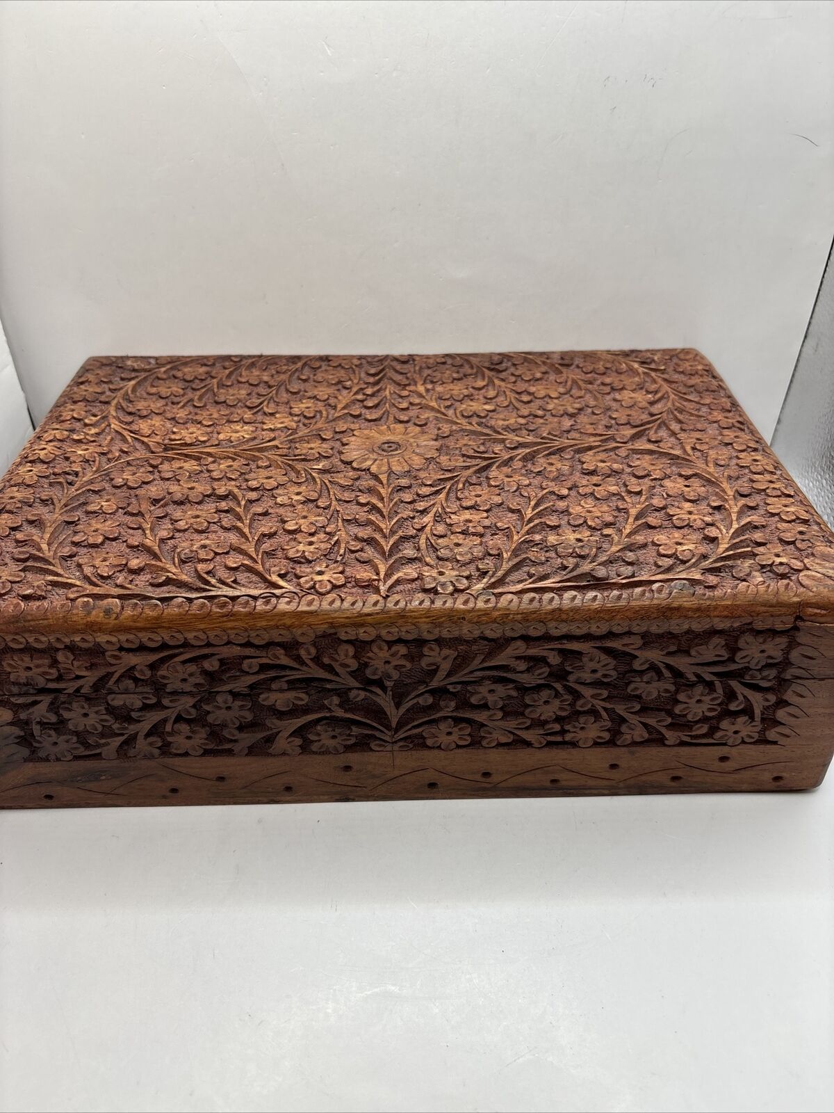 Vintage Indian Mughal Floral Design Hand Carved Wood Box~Large
