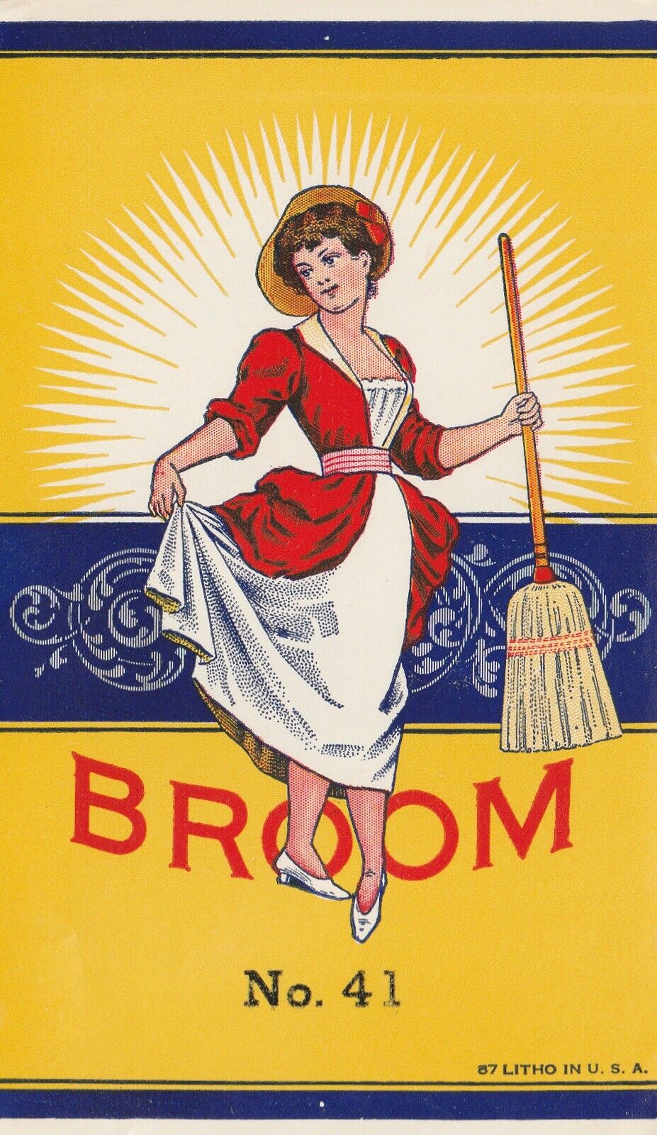1910 - 1940s Vintage Dainty Woman Broom Stick No. 41 Litho Label