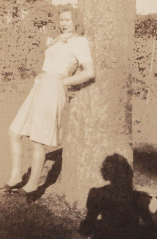 5R Photograph Pretty Woman Leaning Posing Park Tree Sexy Dress 1930's Shadow 