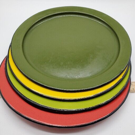Vintage Enamel Meta Plates, Set Of 4, Red, Yellow, Lime Green,  Dark Green, OTO 