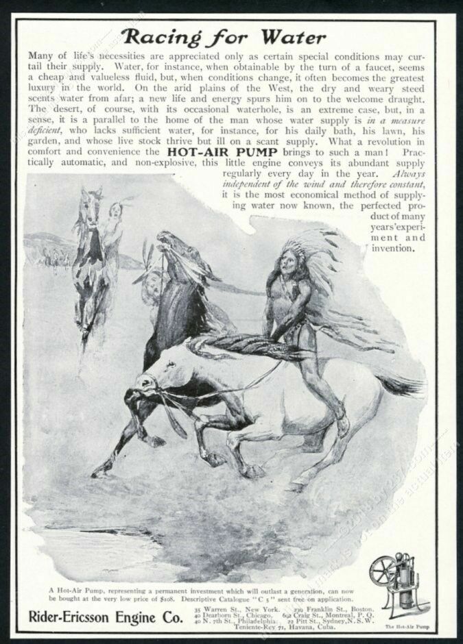 1904 Native American Indian on horse art Rider Ericcson Engine pump print ad