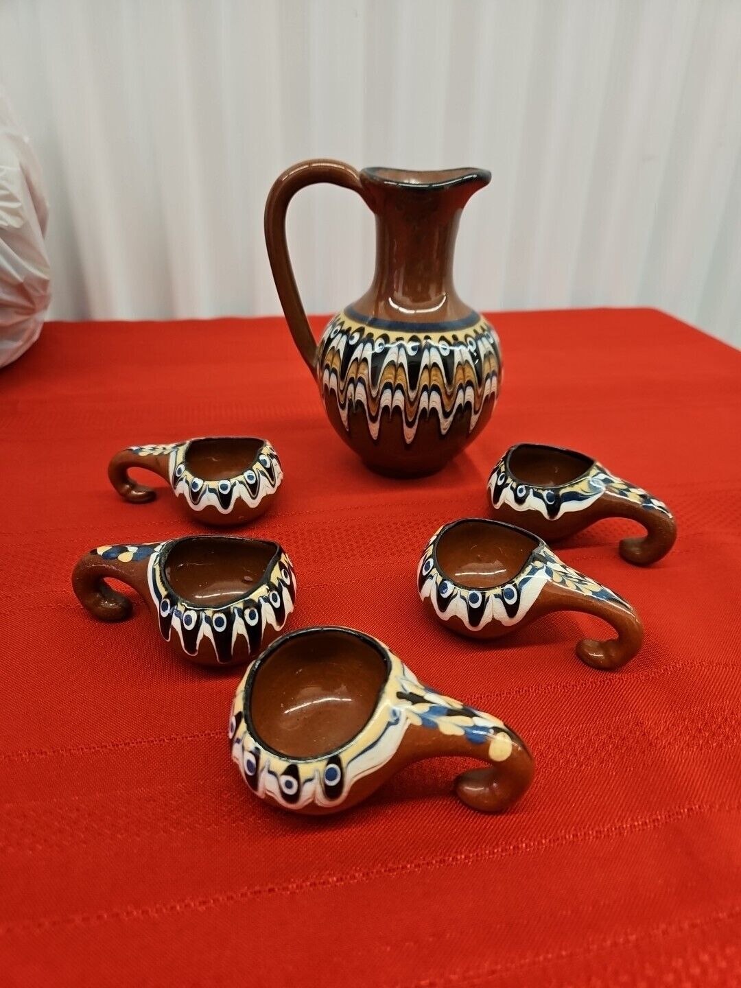 Vtg Bulgarian Troyan Red Clay Hand Painted Pitcher Cups Redware Pottery