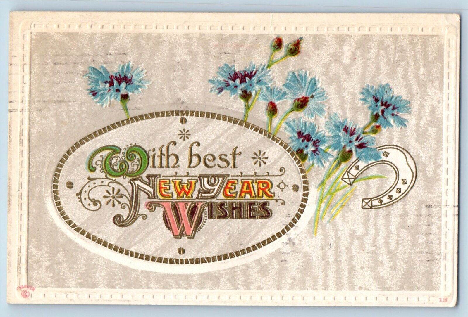 Minneapolis MN Postcard New Year Wishes Flowers Horseshoe Embossed 1915 Antique
