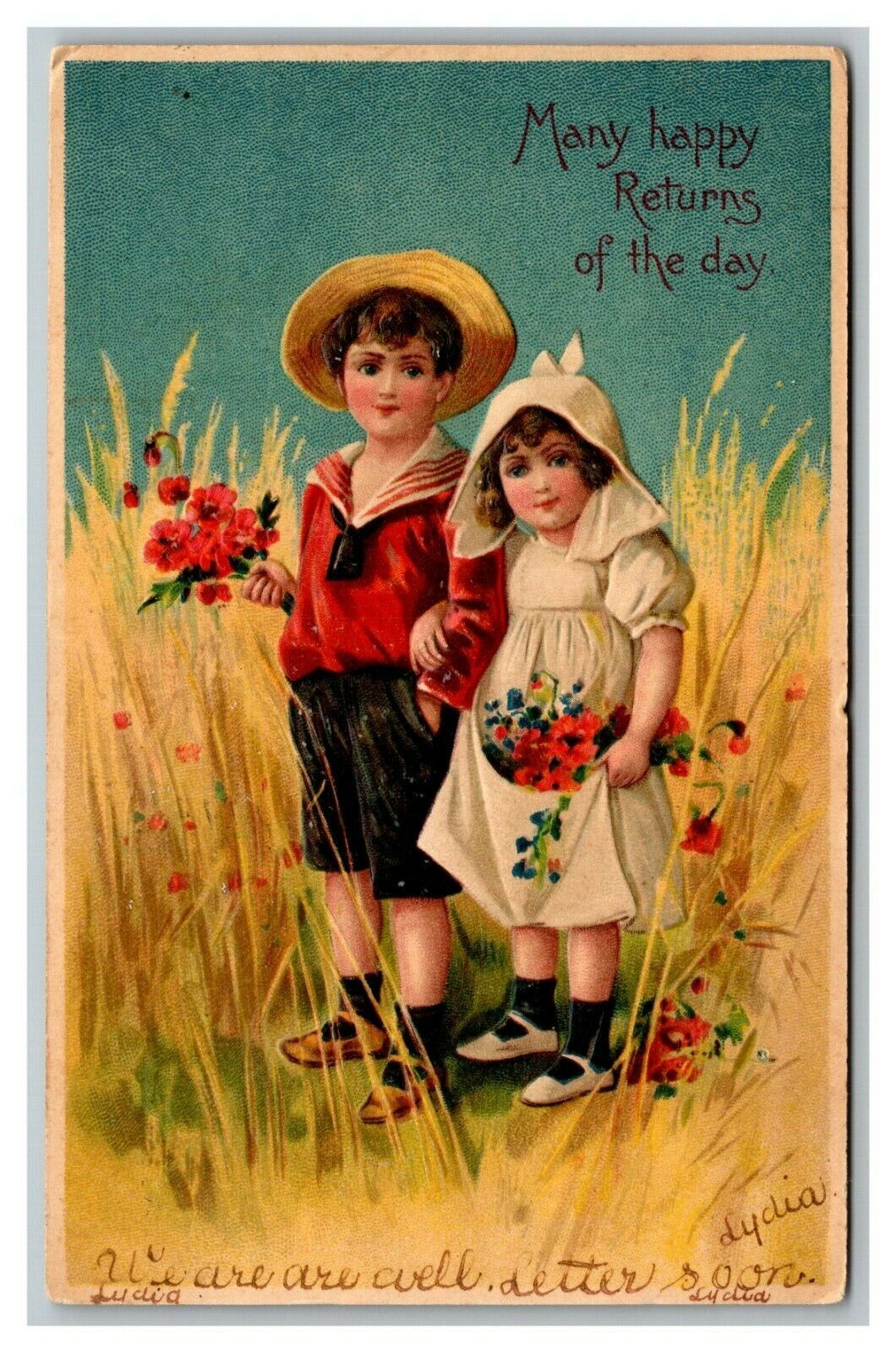 Vintage 1907 Greetings Postcard Cute Kids in Wheat Field Flowers Nice Card
