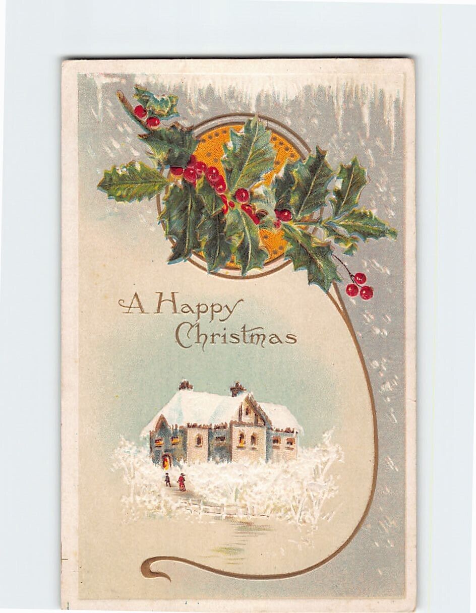Postcard A Happy Christmas Winter Scene Christmas Holly Embossed Card