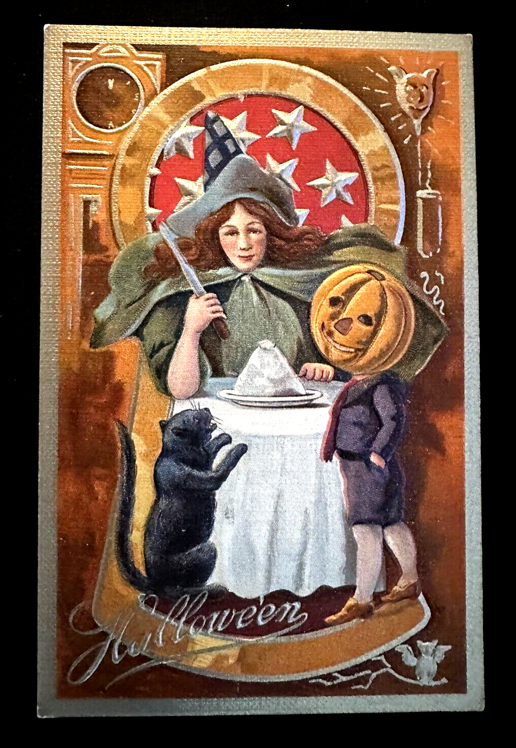 Witch & Black Cat~JOL Pumpkin Boy in Keyhole 1910~ Nash Halloween Postcard~k289