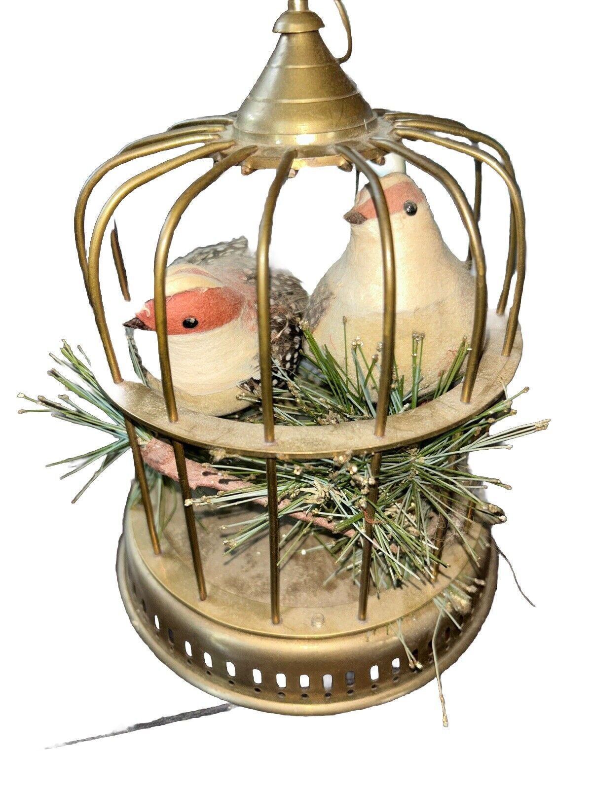 Vintage Brown And White Birds In Cage With Pine Needles 9”X7”