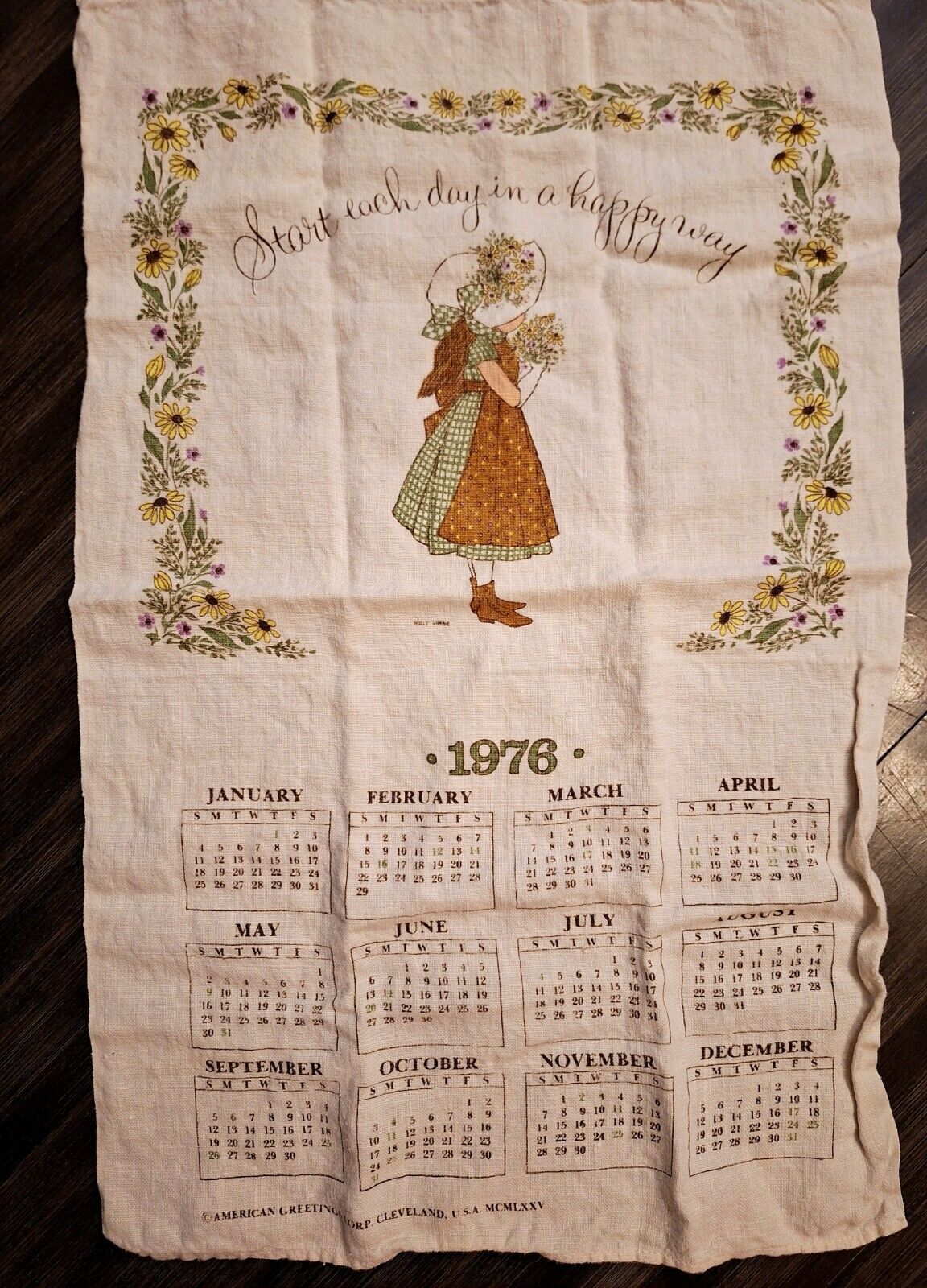 Vintage 1976 Holly Hobbie Linen Calendar Towel