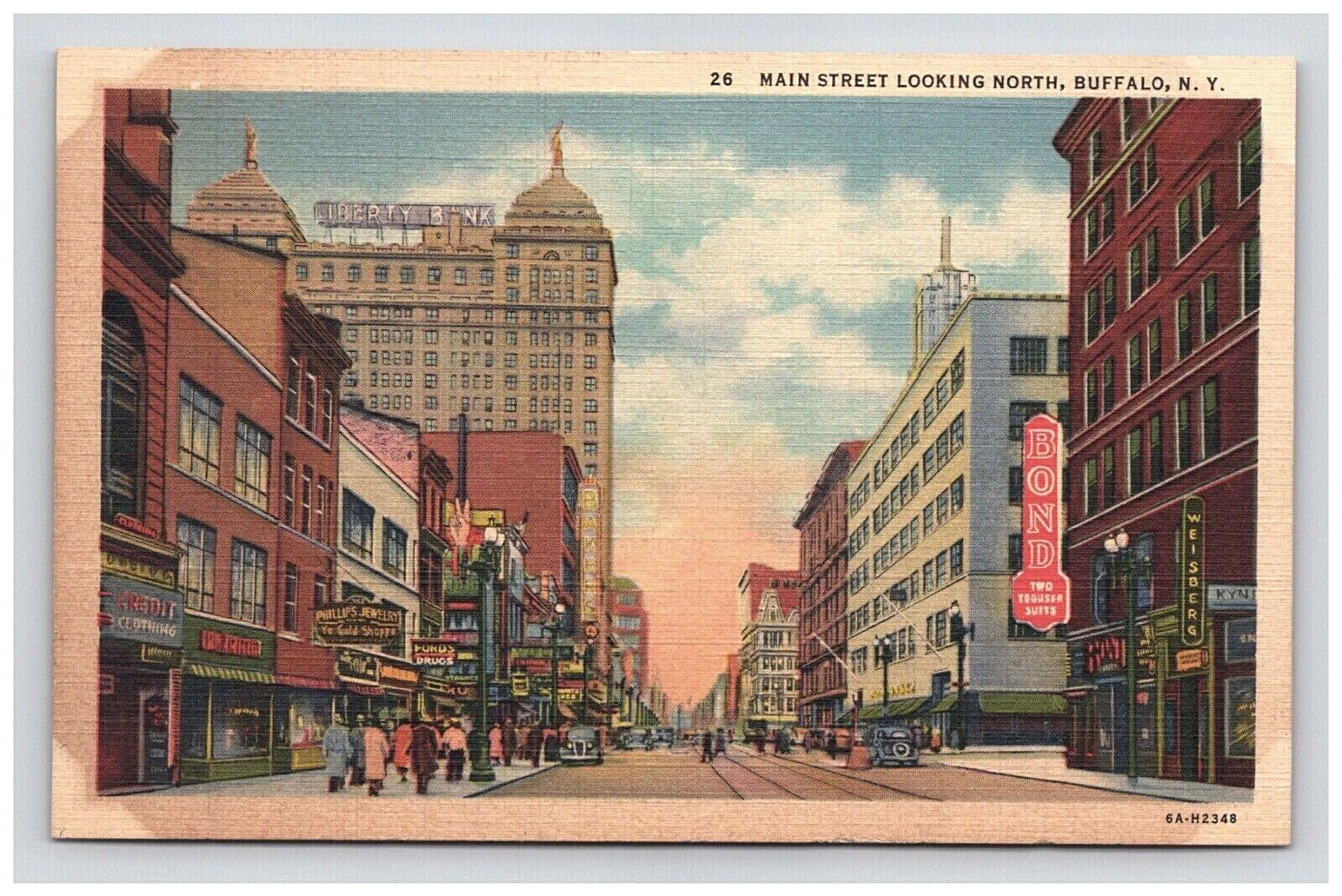 Postcard Main Street Buffalo New York NY Sign Cars People City Buildings View