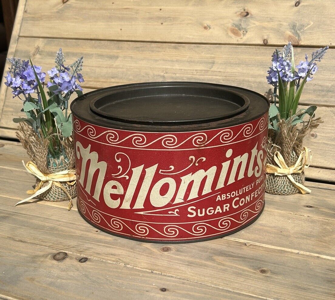 Vintage 1940\'s 1950\'s MELLOMINTS Sugar Confection Candy 5 Lb Red Tin - Pry Top