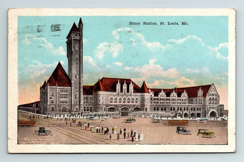 c1920 WB Postcard St. Louis MO Union Station Trolley Streetcar Old Cars People